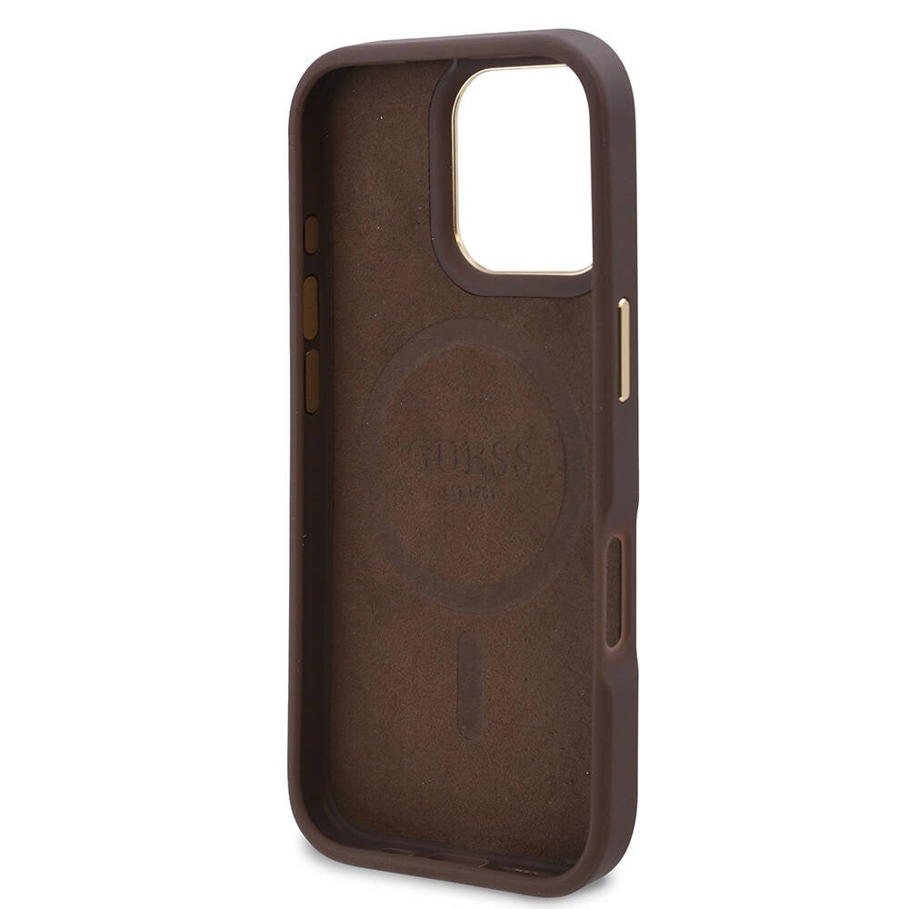 Apple iPhone 16 Pro Kılıf Guess Orjinal Lisanslı M-safe Şarj Özellikli 4G Desenli PU Metal Plaka Klasik Logolu Kapak