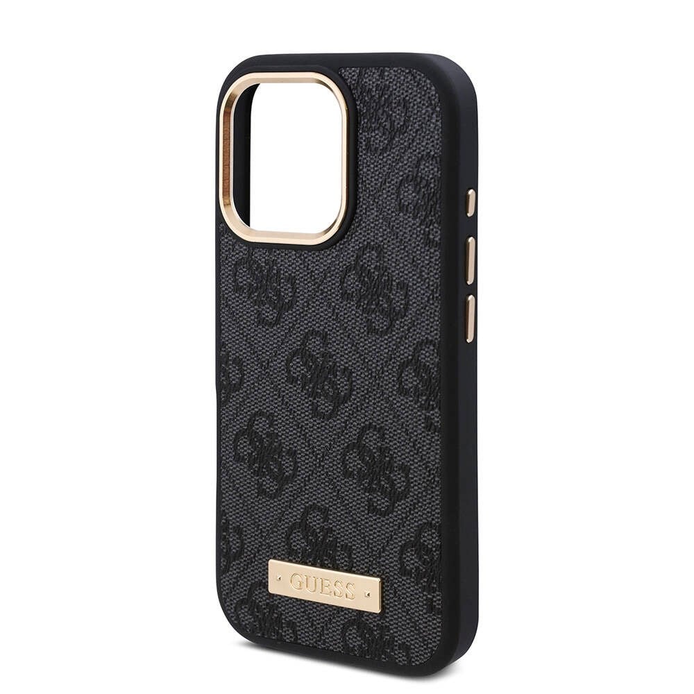 Apple iPhone 16 Pro Kılıf Guess Orjinal Lisanslı M-safe Şarj Özellikli 4G Desenli PU Metal Plaka Klasik Logolu Kapak