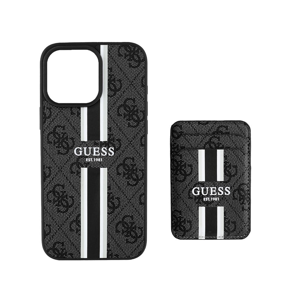 Apple iPhone 16 Pro Kılıf Guess Orjinal Lisanslı M-safe Şarj Özellikli 4G Desenli Çizgili Kartlıklı Kapak