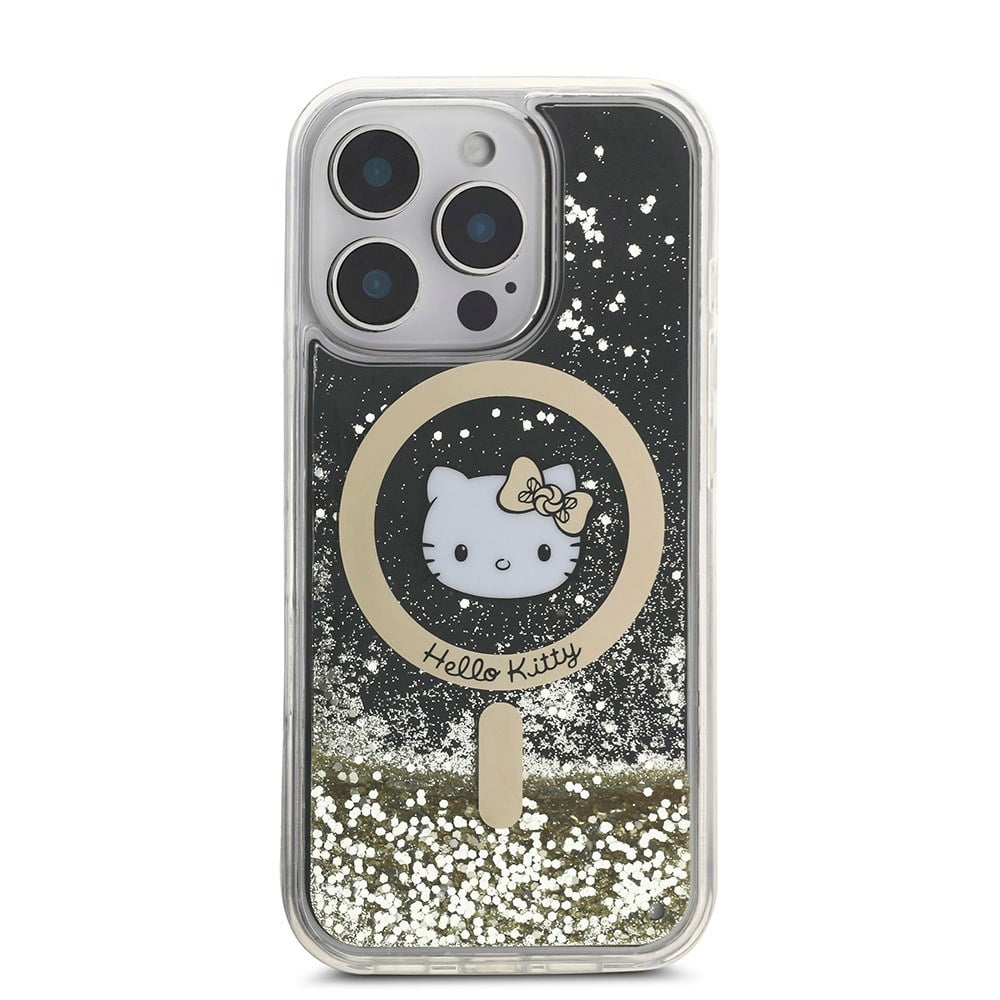 Apple iPhone 16 Pro Kılıf Hello Kitty Orjinal Lisanslı M-safe Şarj Özellikli IML Baskı Kitty Head Logolu Sıvılı Simli Altın Ateşi Kapak