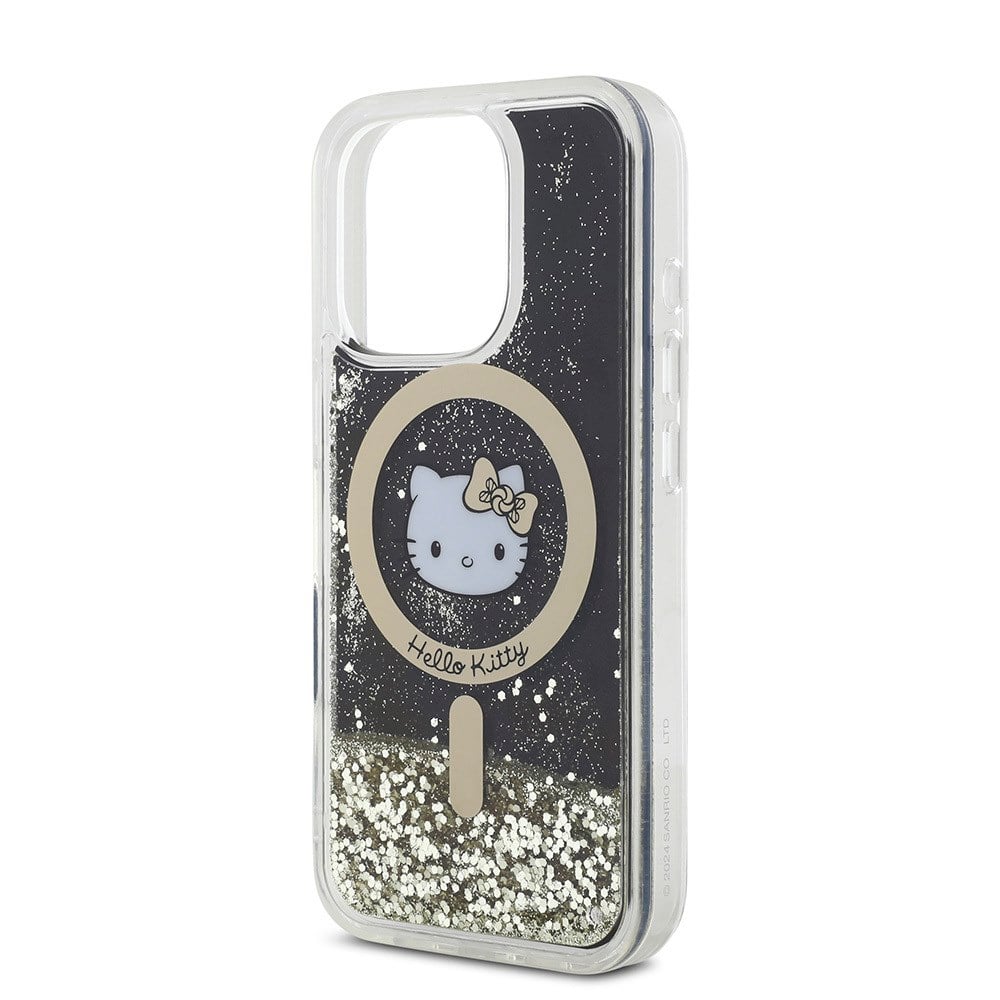 Apple iPhone 16 Pro Kılıf Hello Kitty Orjinal Lisanslı M-safe Şarj Özellikli IML Baskı Kitty Head Logolu Sıvılı Simli Altın Ateşi Kapak