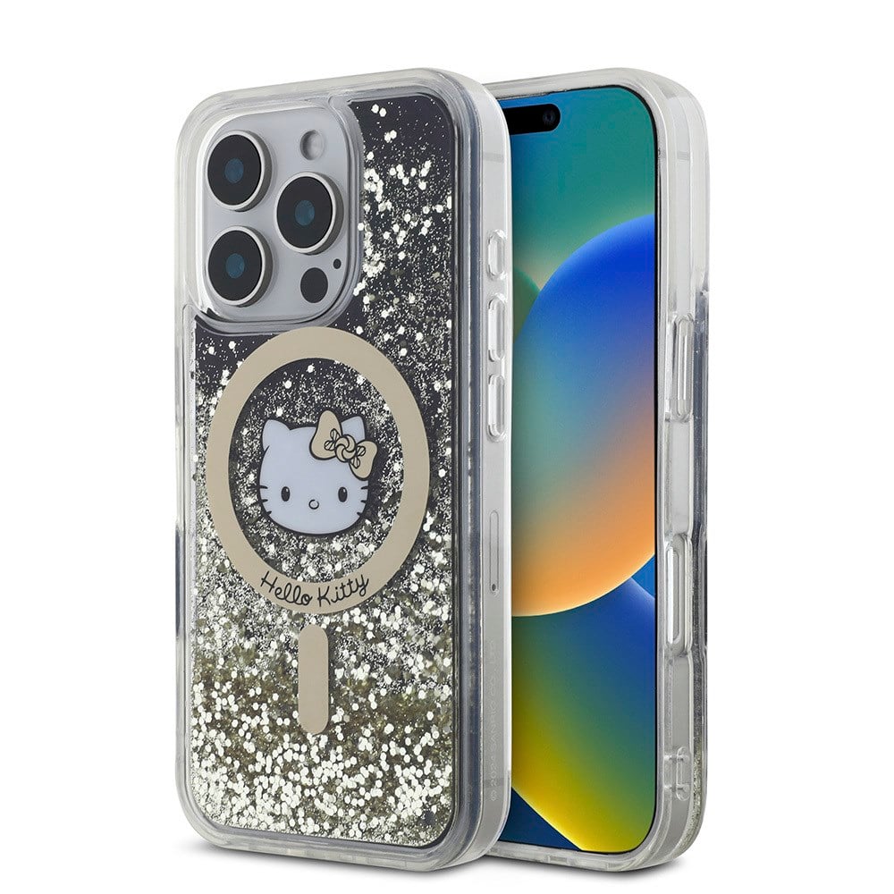 Apple iPhone 16 Pro Kılıf Hello Kitty Orjinal Lisanslı M-safe Şarj Özellikli IML Baskı Kitty Head Logolu Sıvılı Simli Altın Ateşi Kapak