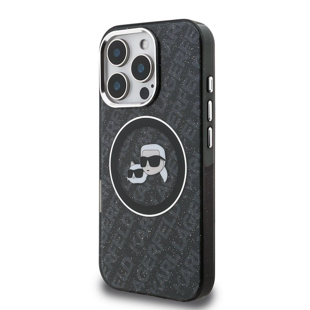 Apple iPhone 16 Pro Kılıf Karl Lagerfeld Orjinal Lisanslı Parlayan Simli Karl & Choupette Heads Kapak