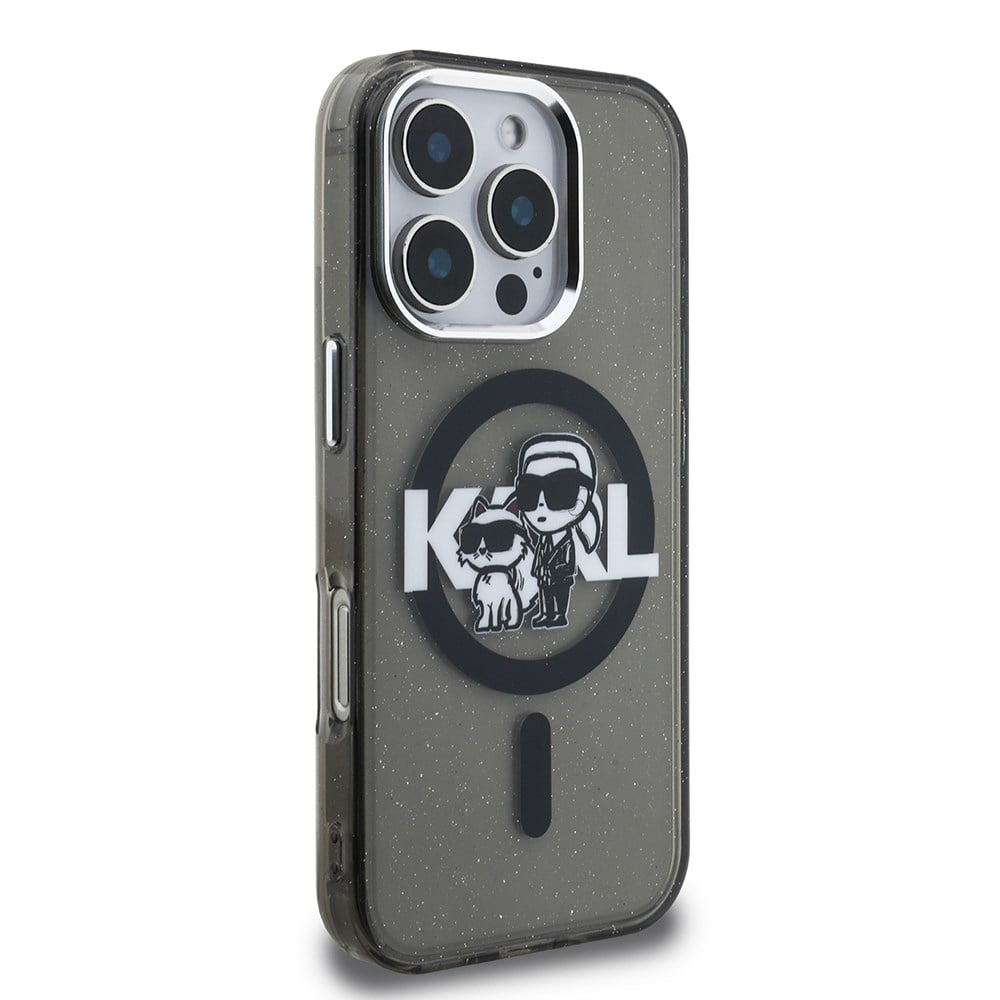 Apple iPhone 16 Pro Kılıf Karl Lagerfeld Orjinal Lisanslı Parlayan Simli Karl & Choupette Sketch Logo Kapak