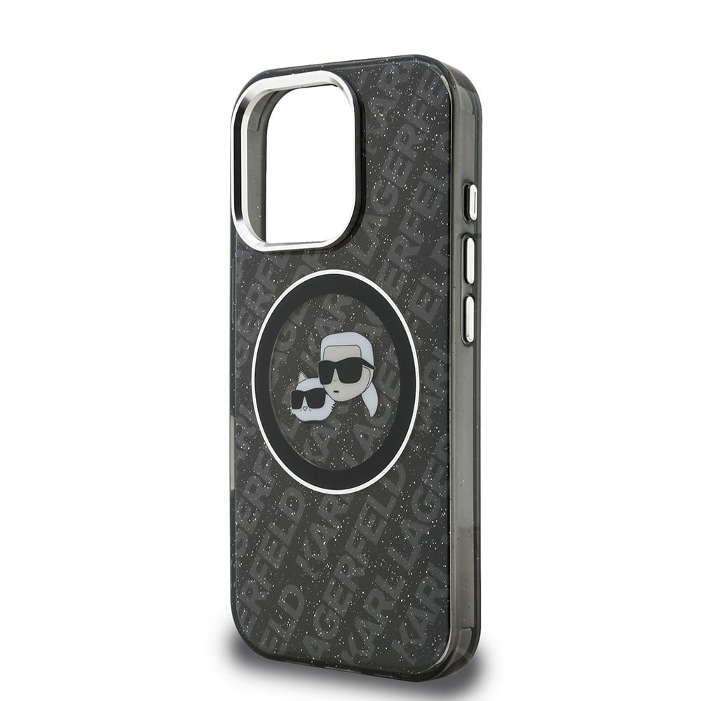 Apple iPhone 16 Pro Kılıf Karl Lagerfeld Orjinal Lisanslı Parlayan Simli Karl & Choupette Heads Kapak