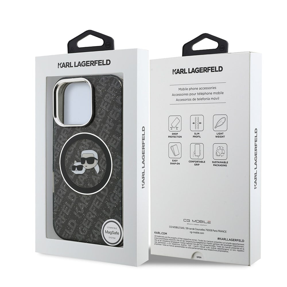 Apple iPhone 16 Pro Kılıf Karl Lagerfeld Orjinal Lisanslı Parlayan Simli Karl & Choupette Heads Kapak
