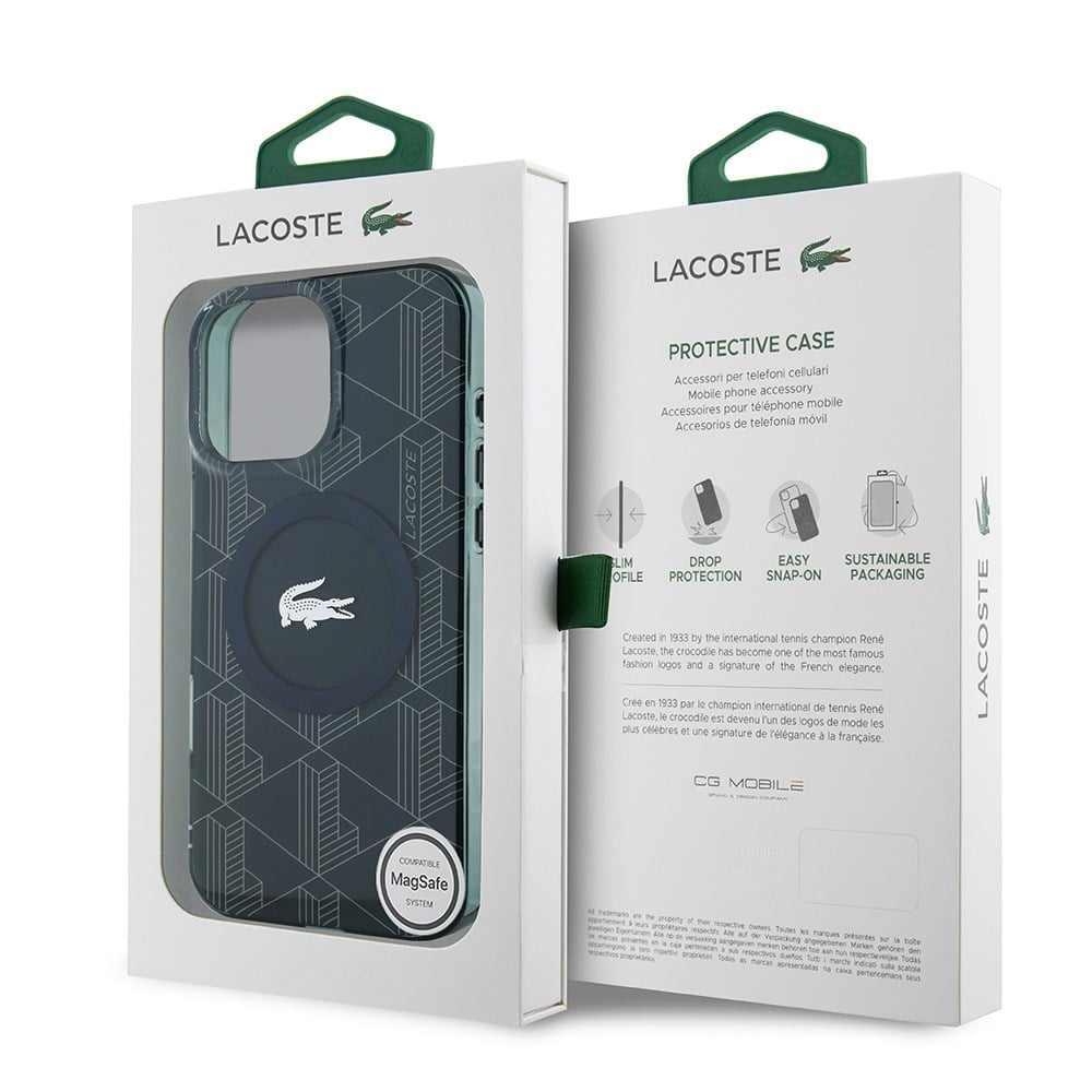 Apple iPhone 16 Pro Kılıf Lacoste Orjinal Lisanslı M-safe Şarj Özellikli IML Baskılı Gümüş Timsah Logolu Monogram Kapak