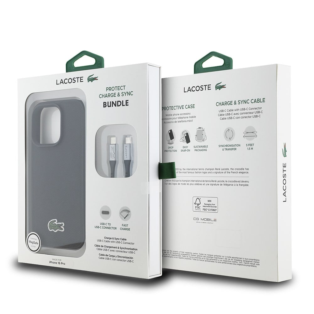 Apple iPhone 16 Pro Kılıf Lacoste Orjinal Lisanslı PU Pike Desenli Arka Yüzey İkonik Timsah Dokuma Logolu Kapak + Type-C Kablo 1.5m