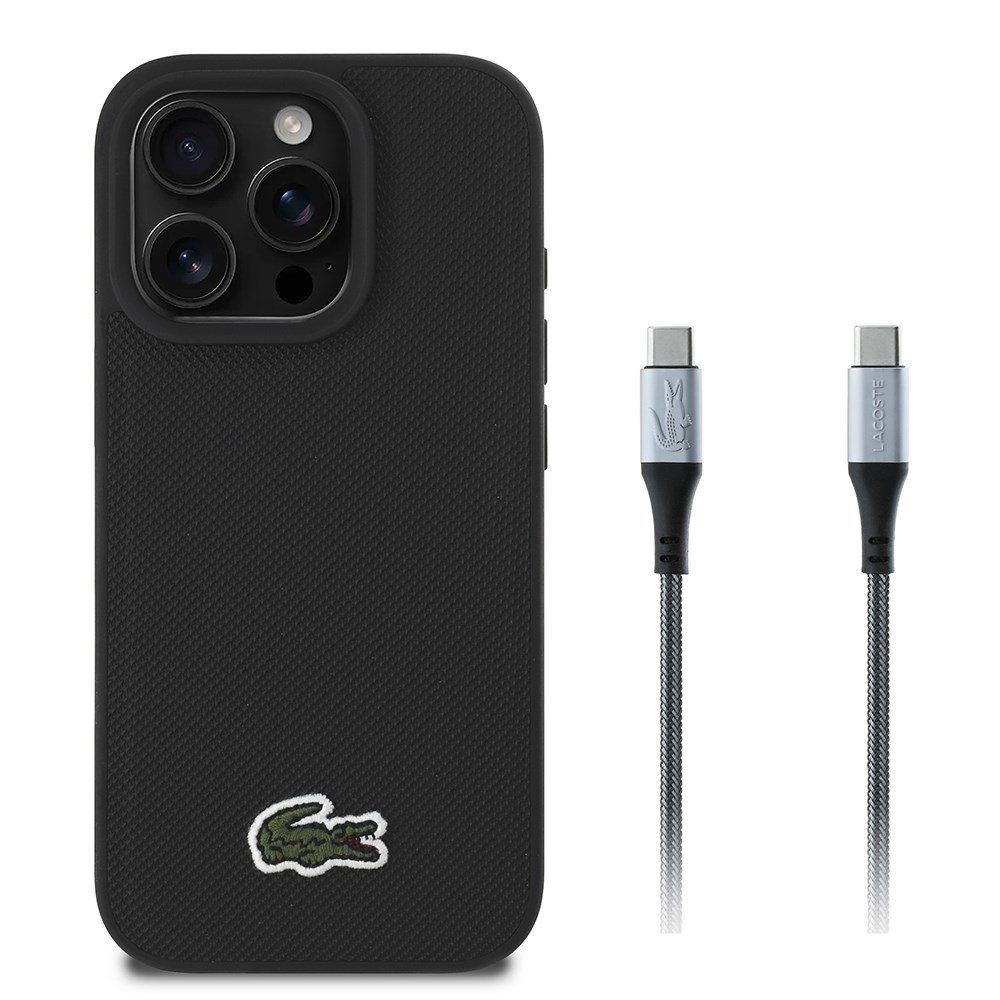 Apple iPhone 16 Pro Kılıf Lacoste Orjinal Lisanslı PU Pike Desenli Arka Yüzey İkonik Timsah Dokuma Logolu Kapak + Type-C Kablo 1.5m