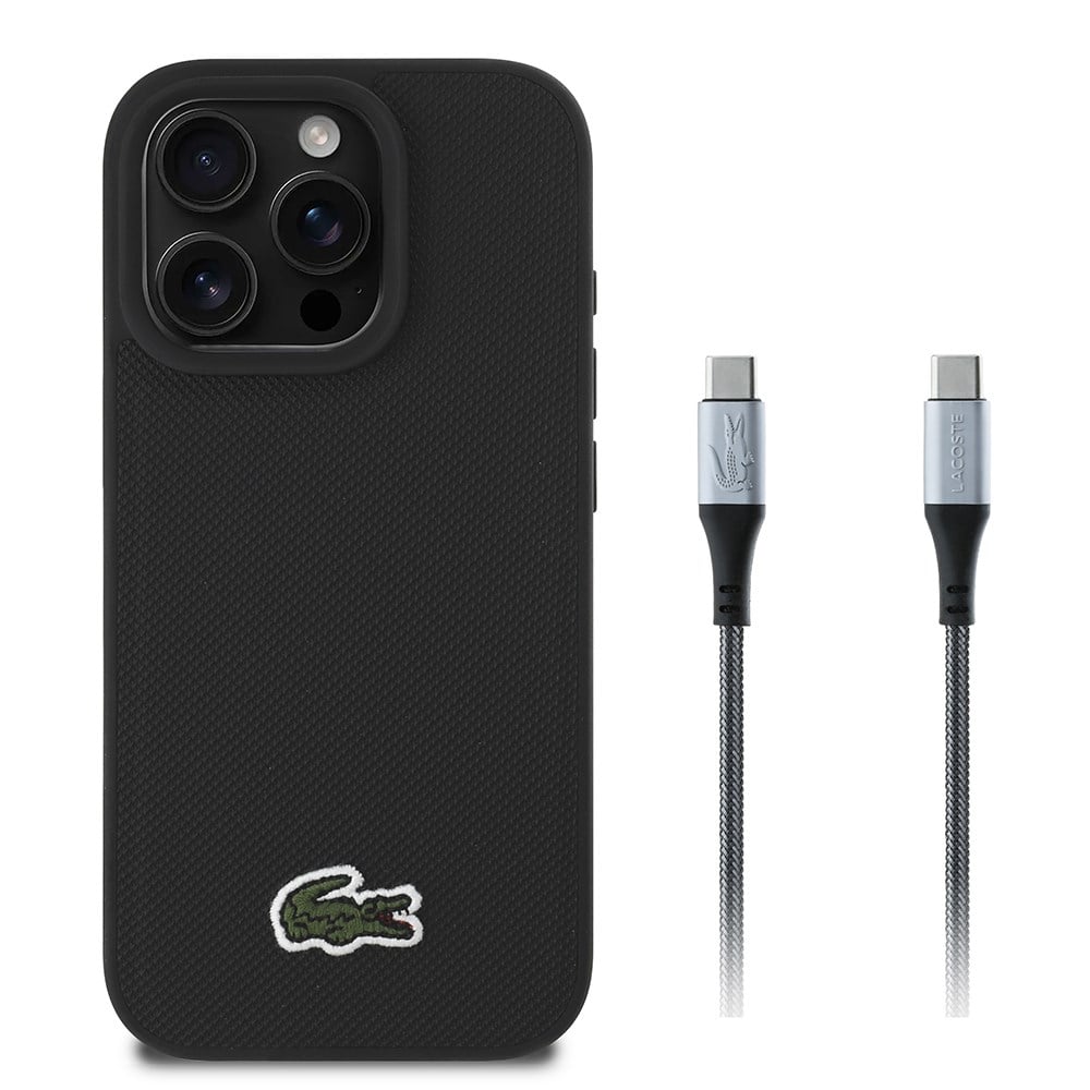 Apple iPhone 16 Pro Kılıf Lacoste Orjinal Lisanslı PU Pike Desenli Arka Yüzey İkonik Timsah Dokuma Logolu Kapak + Type-C Kablo 1.5m
