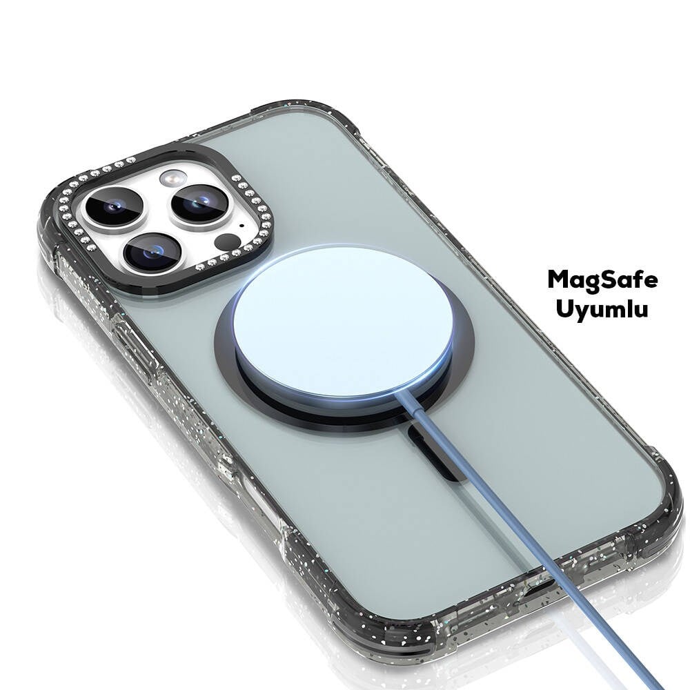 Apple iPhone 16 Pro Kılıf M-safe Şarj Özellikli Taşlı ve Simli Tasarım Mutural Blink Kapak