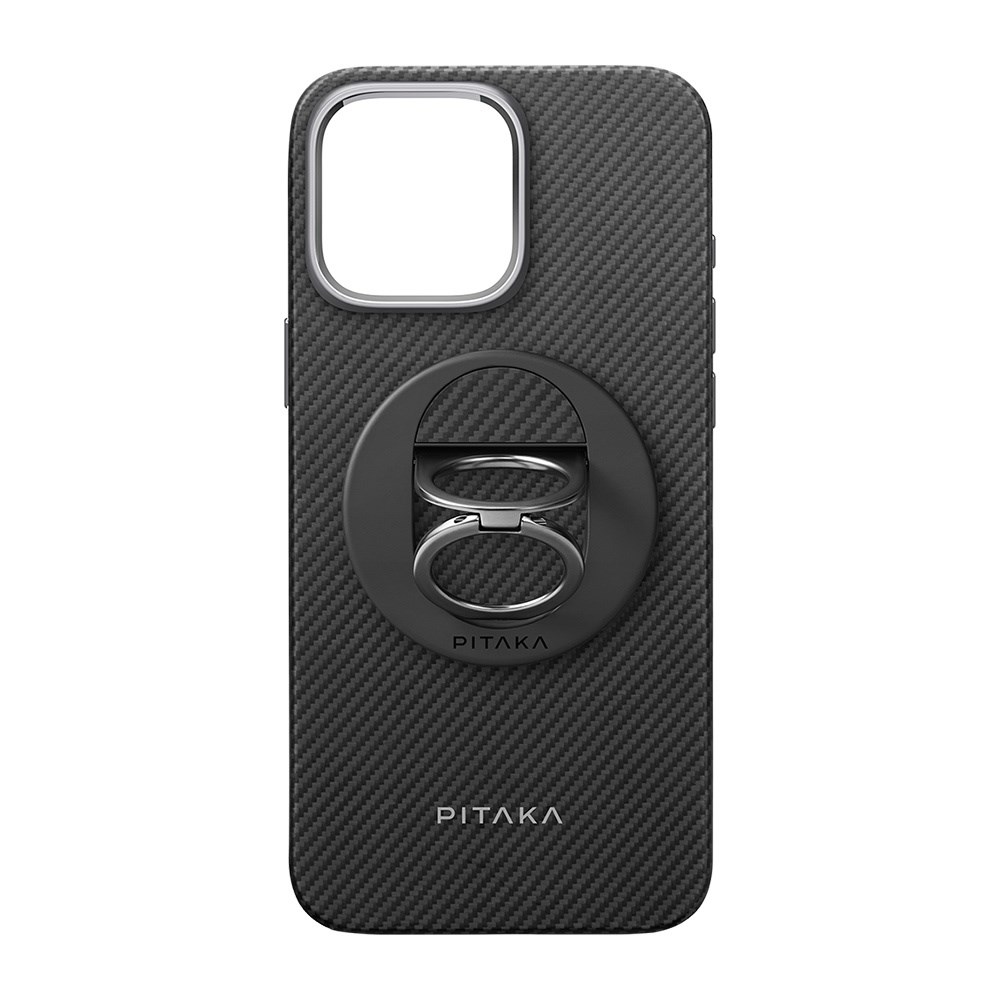 Apple iPhone 16 Pro Kılıf M-safe Şarj Özellikli Grip 3 Standlı Aramid Fiber Pitaka Military Grade Classic Serisi Black-Grey Twill Kapak
