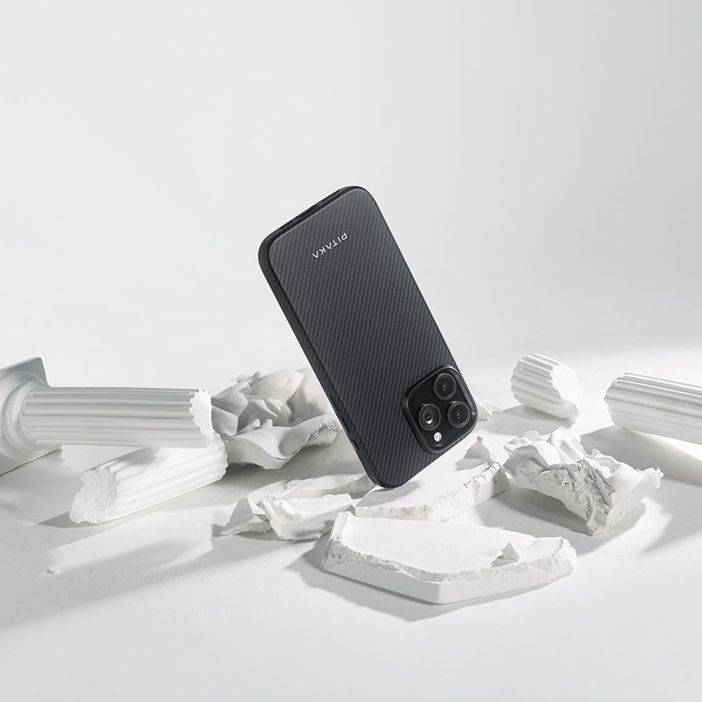 Apple iPhone 16 Pro Kılıf M-safe Şarj Özellikli Aramid Fiber Pitaka Military-Grade Classic Serisi New Logo Black-Grey Twill Kapak