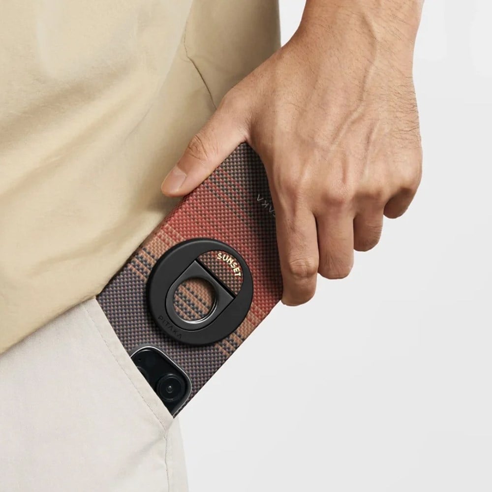 Apple iPhone 16 Pro Kılıf M-safe Şarj Özellikli Grip 3 Standlı Aramid Fiber Pitaka Tactile Woven Sunset-Moonrise Serisi Sunset Kapak