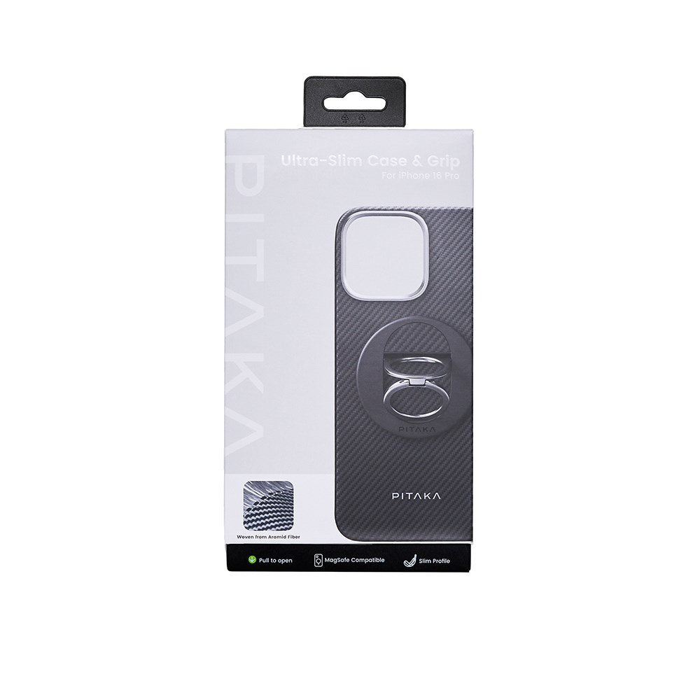 Apple iPhone 16 Pro Kılıf M-safe Şarj Özellikli Grip 3 Standlı 600D Aramid Fiber Pitaka Ultra-Slim Classic Serisi Black-Grey Twill Kapak