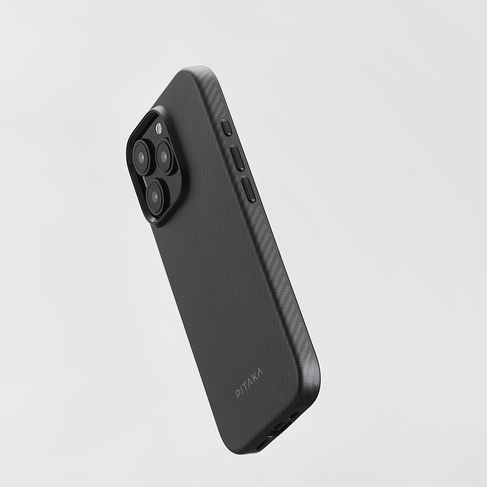 Apple iPhone 16 Pro Kılıf M-safe Şarj Özellikli Aramid Fiber Pitaka Military-Grade Classic Serisi New Logo Black-Grey Twill Kapak