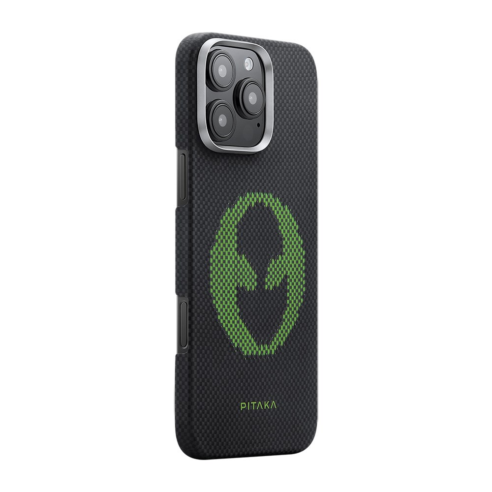 Apple iPhone 16 Pro Kılıf M-safe Şarj Özellikli Lumintex Teknolojili Fosforlu Aramid Fiber Pitaka Tactile Woven Aries Serisi Alien Kapak