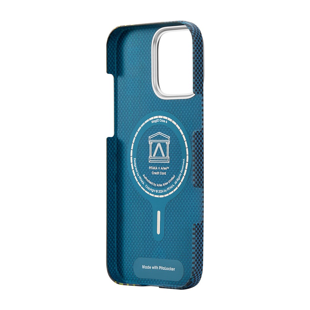 Apple iPhone 16 Pro Kılıf M-safe Şarj Özellikli Lumintex Teknolojili Fosforlu Aramid Fiber Pitaka Tactile Woven Aries Serisi Credit Card Kapak
