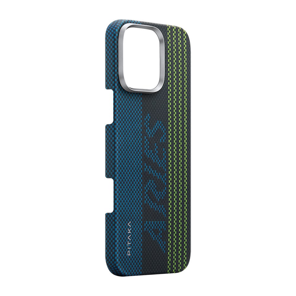 Apple iPhone 16 Pro Kılıf M-safe Şarj Özellikli Lumintex Teknolojili Fosforlu Aramid Fiber Pitaka Tactile Woven Aries Serisi Credit Card Kapak