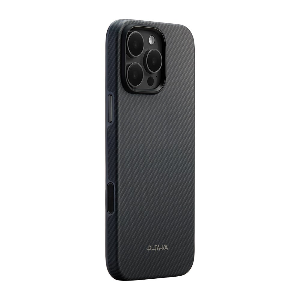 Apple iPhone 16 Pro Kılıf M-safe Şarj Özellikli Aramid Fiber Pitaka Military-Grade Classic Serisi New Logo Black-Grey Twill Kapak