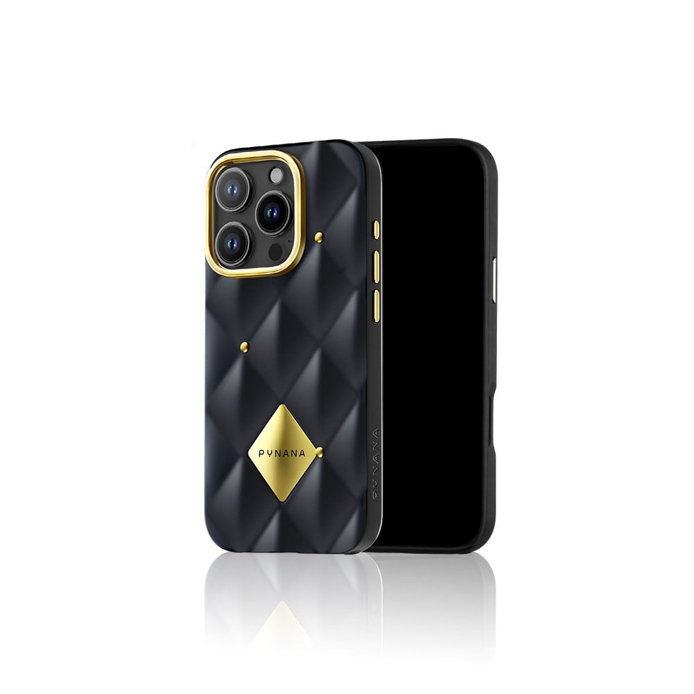Apple iPhone 16 Pro Kılıf Parlak Arka Yüzeyli Kabartma Tasarımlı Kapitone Pynana Metal Diamond Serisi Kapak