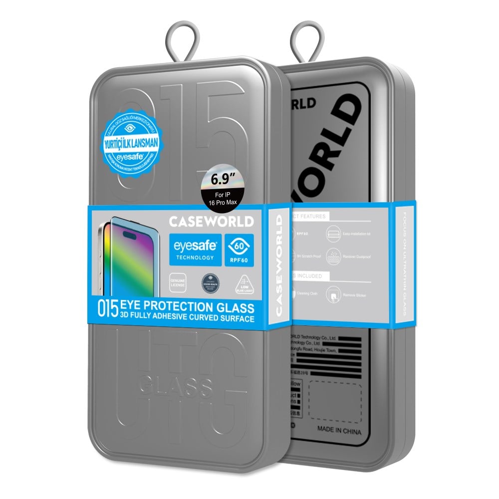 Apple iPhone 16 Pro Max CaseWorld 3D Eyesafe Mavi Işık Teknolojili 0.15mm Temperli Cam Ekran Koruyucu + Uygulama Aparatı