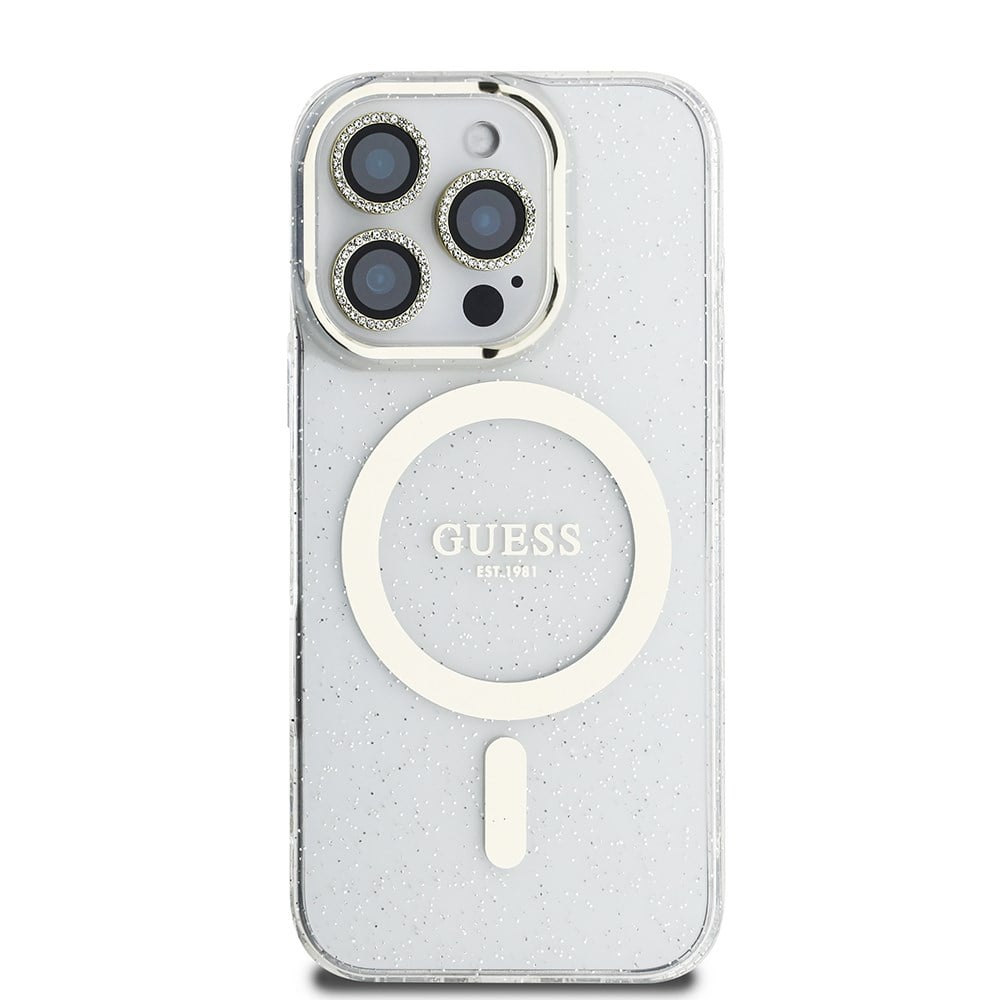 Apple iPhone 16 Pro Max Guess Orjinal Lisanslı 3'lü Aksesuar Seti IML Baskılı Simli Glitter Kılıf + Ekran Koruyucu + Lens Koruyucu