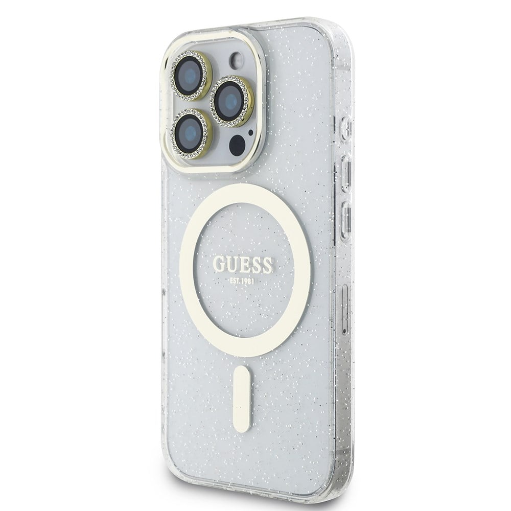 Apple iPhone 16 Pro Max Guess Orjinal Lisanslı 3'lü Aksesuar Seti IML Baskılı Simli Glitter Kılıf + Ekran Koruyucu + Lens Koruyucu