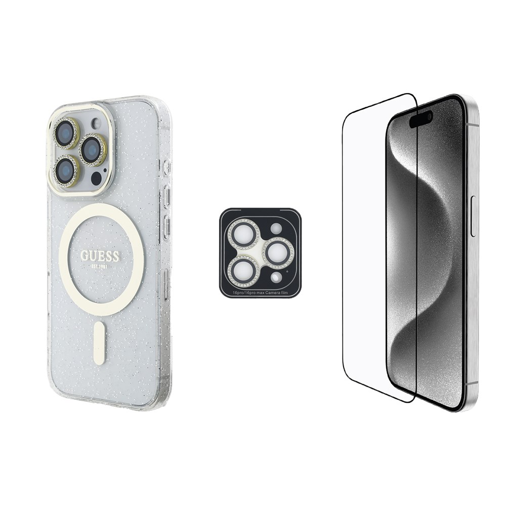 Apple iPhone 16 Pro Max Guess Orjinal Lisanslı 3'lü Aksesuar Seti IML Baskılı Simli Glitter Kılıf + Ekran Koruyucu + Lens Koruyucu