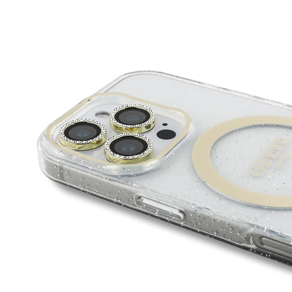 Apple iPhone 16 Pro Max Guess Orjinal Lisanslı 3'lü Aksesuar Seti IML Baskılı Simli Glitter Kılıf + Ekran Koruyucu + Lens Koruyucu