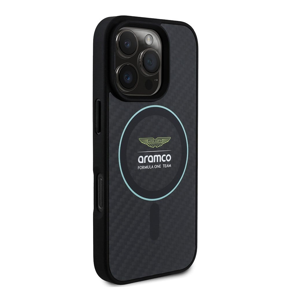 Apple iPhone 16 Pro Max Kılıf Aston Martin Orjinal Lisanslı M-safe Şarj Özellikli Renkli Halka ve Karbon Fiber Tasarımlı Kapak