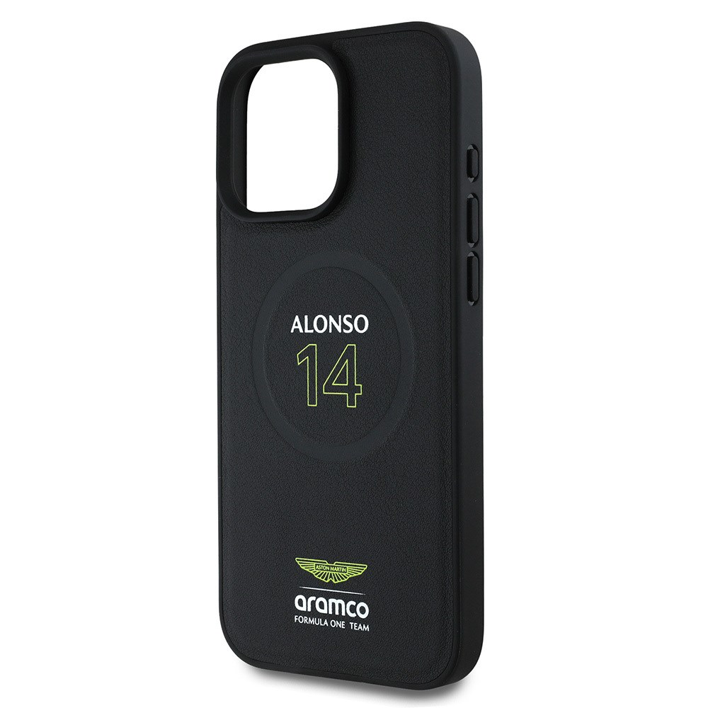 Apple iPhone 16 Pro Max Kılıf Aston Martin Orjinal Lisanslı M-safe Şarj Özellikli PU Deri Alonso 14 Baskılı Kapak