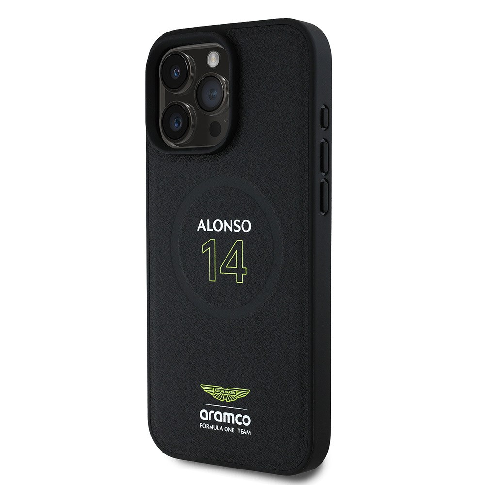 Apple iPhone 16 Pro Max Kılıf Aston Martin Orjinal Lisanslı M-safe Şarj Özellikli PU Deri Alonso 14 Baskılı Kapak