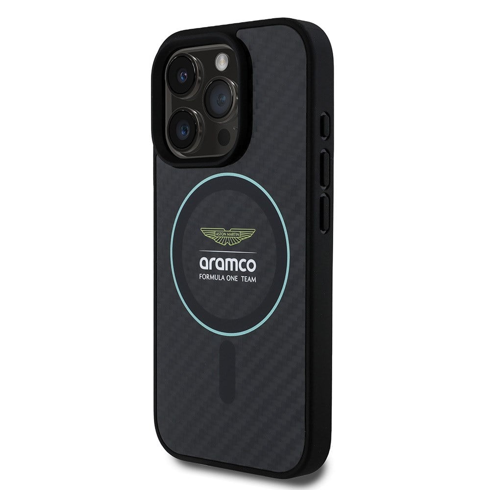Apple iPhone 16 Pro Max Kılıf Aston Martin Orjinal Lisanslı M-safe Şarj Özellikli Renkli Halka ve Karbon Fiber Tasarımlı Kapak