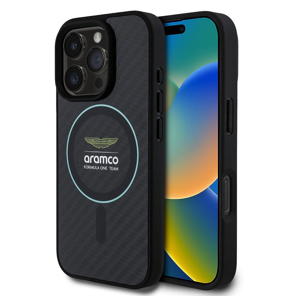 Apple iPhone 16 Pro Max Kılıf Aston Martin Orjinal Lisanslı M-safe Şarj Özellikli Renkli Halka ve Karbon Fiber Tasarımlı Kapak