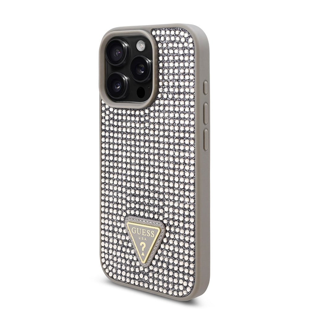 Apple iPhone 16 Pro Max Kılıf Guess Orjinal Lisanslı Taşlı Arka Yüzey Üçgen Logolu Kapak