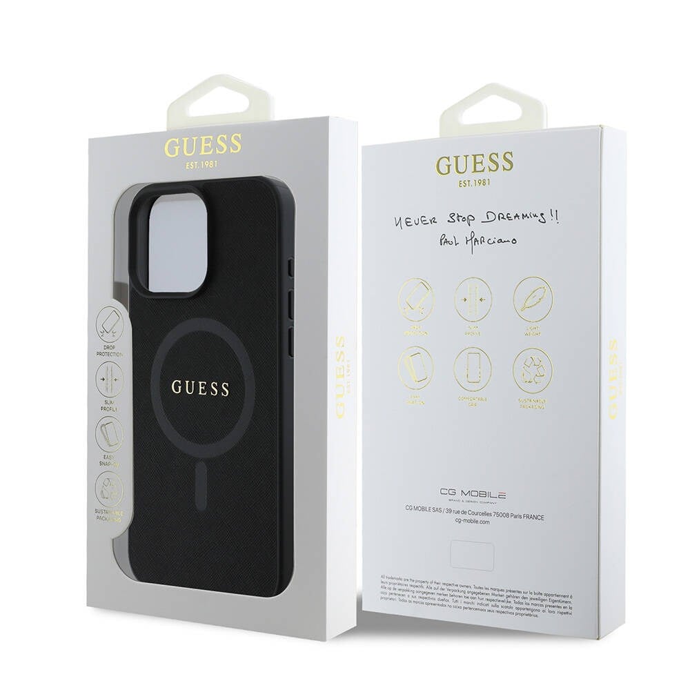 Apple iPhone 16 Pro Max Kılıf Guess Orjinal Lisanslı M-safe Şarj Özellikli Yazı Logolu Saffiano Classic Kapak