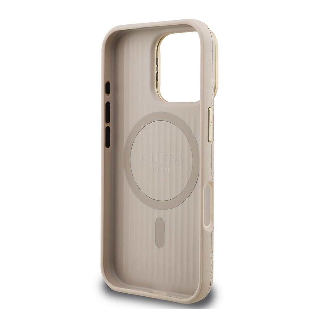 Apple iPhone 16 Pro Max Kılıf Guess Orjinal Lisanslı M-safe Şarj Özellikli Sıcak Baskılı Yazı Logolu Kamera Standlı PU Deri Peony Kapak
