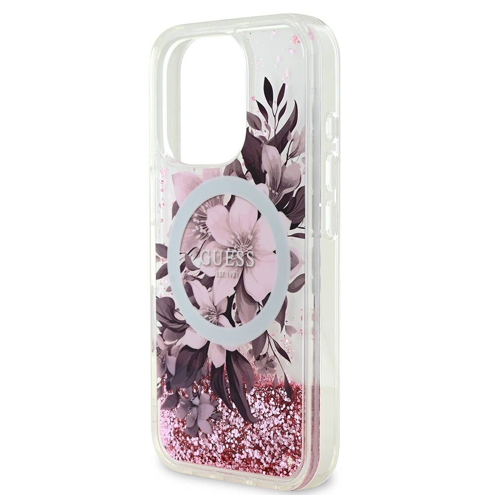 Apple iPhone 16 Pro Max Kılıf Guess Orjinal Lisanslı M-safe Şarj Özellikli Sıvılı Simli Çiçek Desenli Kapak