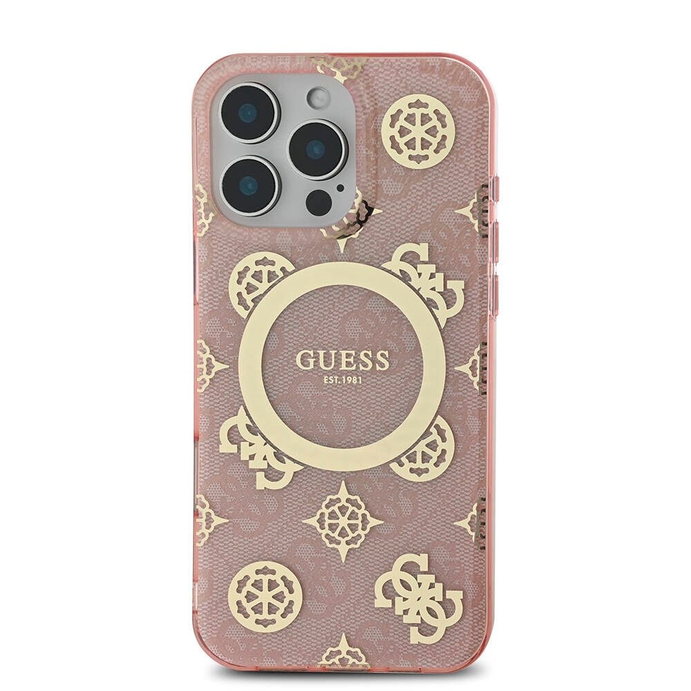 Apple iPhone 16 Pro Max Kılıf Guess Orjinal Lisanslı M-safe Şarj Özellikli IML Peony ve 4G Desenli Klasik Logolu Kapak