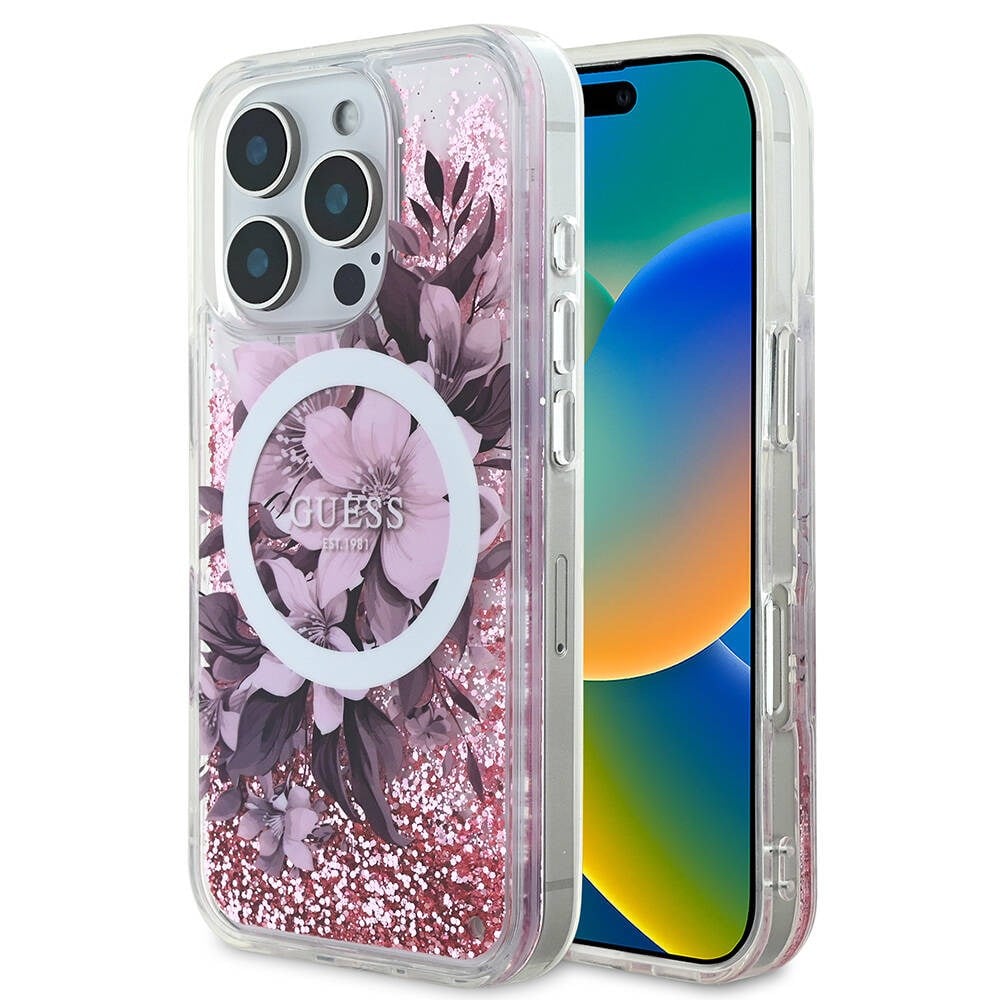 Apple iPhone 16 Pro Max Kılıf Guess Orjinal Lisanslı M-safe Şarj Özellikli Sıvılı Simli Çiçek Desenli Kapak