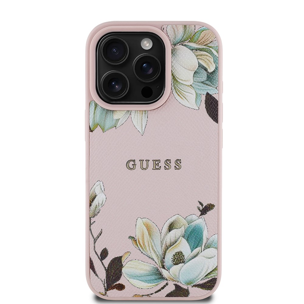 Apple iPhone 16 Pro Max Kılıf Guess Orjinal Lisanslı M-safe Şarj Özellikli Taneli Çiçek Tasarımlı Metal Yazı Logolu Kapak