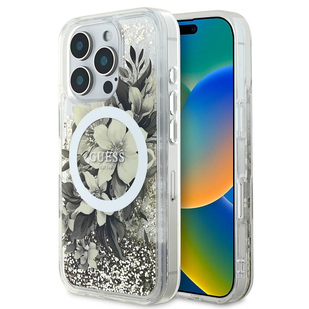 Apple iPhone 16 Pro Max Kılıf Guess Orjinal Lisanslı M-safe Şarj Özellikli Sıvılı Simli Çiçek Desenli Kapak