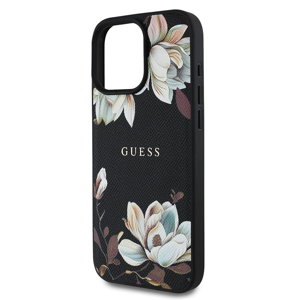 Apple iPhone 16 Pro Max Kılıf Guess Orjinal Lisanslı M-safe Şarj Özellikli Taneli Çiçek Tasarımlı Metal Yazı Logolu Kapak