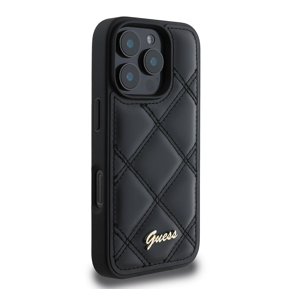 Apple iPhone 16 Pro Max Kılıf Guess Orjinal Lisanslı PU Deri Metal Yazı Logolu Kapitone Kapak