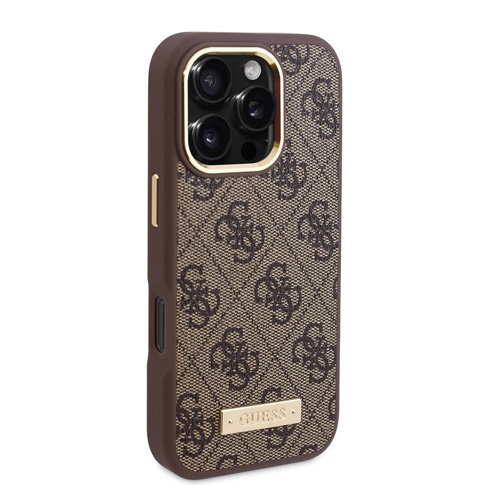 Apple iPhone 16 Pro Max Kılıf Guess Orjinal Lisanslı M-safe Şarj Özellikli 4G Desenli PU Metal Plaka Klasik Logolu Kapak