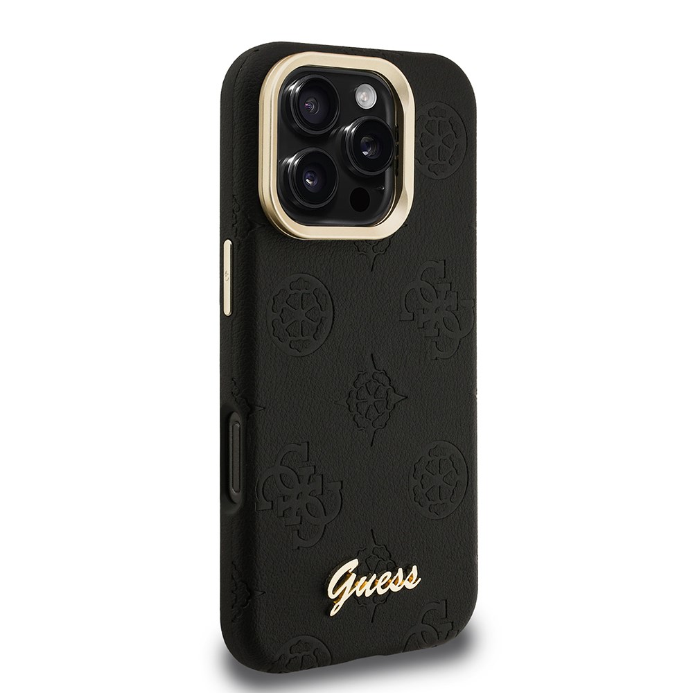 Apple iPhone 16 Pro Max Kılıf Guess Orjinal Lisanslı M-safe Şarj Özellikli Sıcak Baskılı Yazı Logolu Kamera Standlı PU Deri Peony Kapak