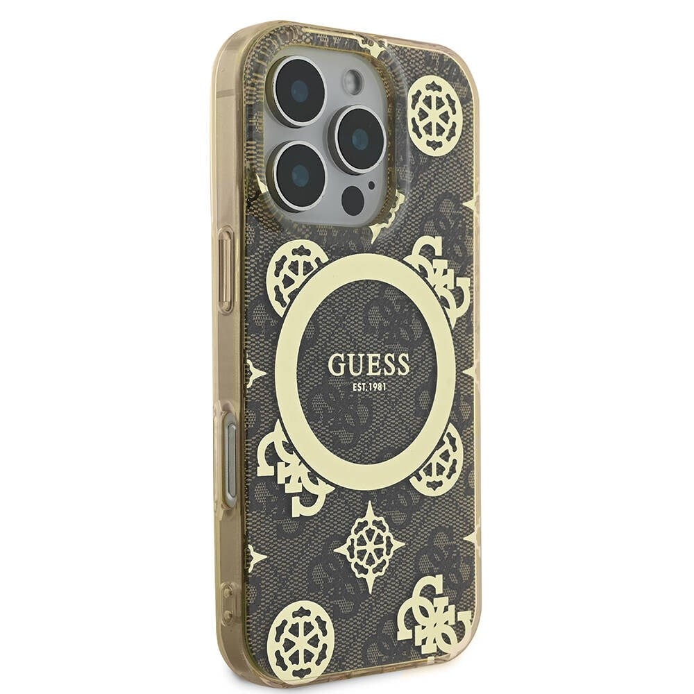 Apple iPhone 16 Pro Max Kılıf Guess Orjinal Lisanslı M-safe Şarj Özellikli IML Peony ve 4G Desenli Klasik Logolu Kapak