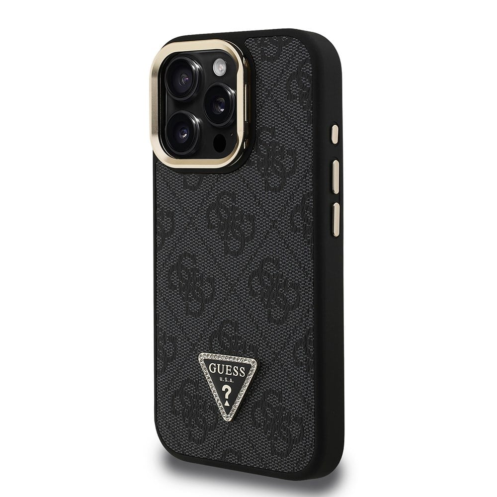 Apple iPhone 16 Pro Max Kılıf Guess Orjinal Lisanslı PU Deri Taşlı Üçgen Logo 4G Desenli Kamera Standlı Kapak