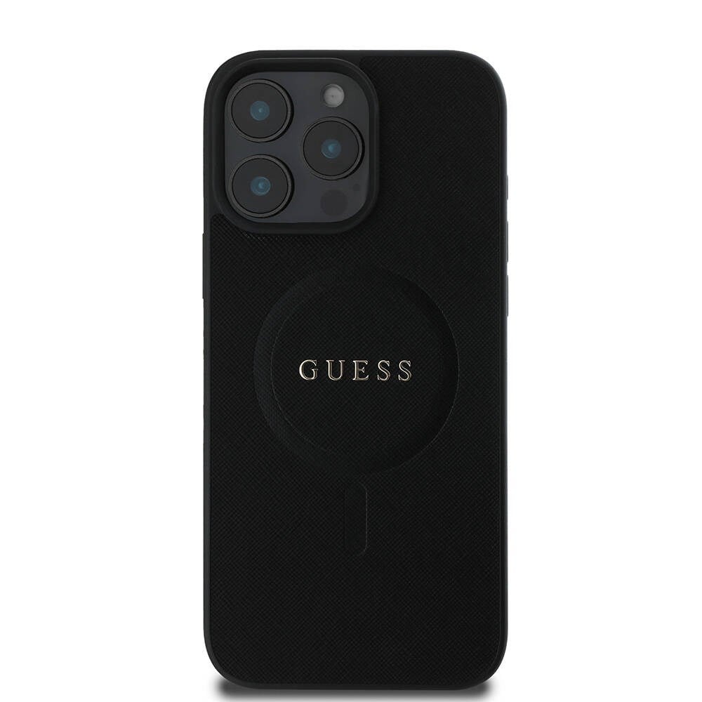 Apple iPhone 16 Pro Max Kılıf Guess Orjinal Lisanslı M-safe Şarj Özellikli Yazı Logolu Saffiano Classic Kapak